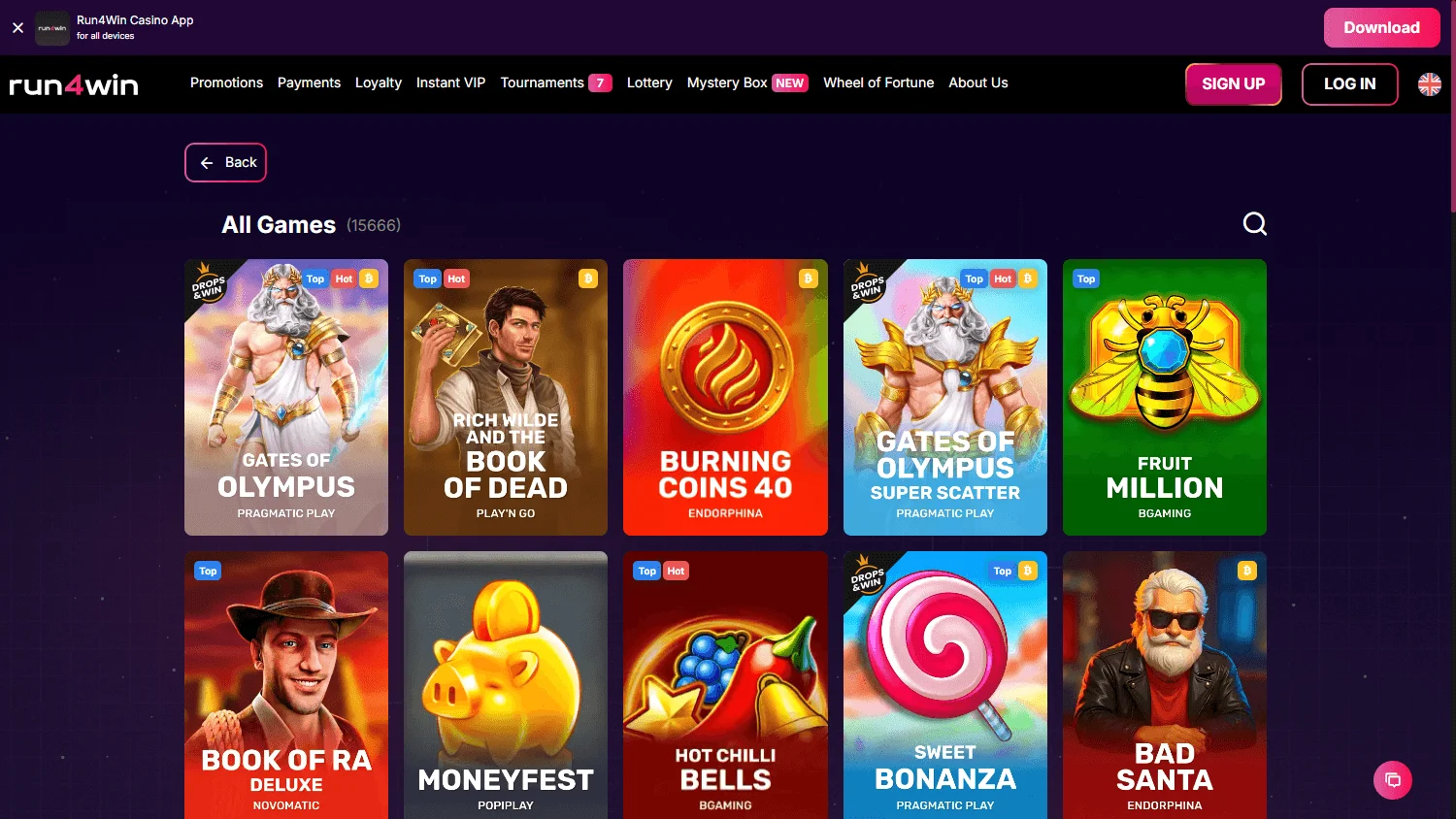 Run4win Casino desktop games area