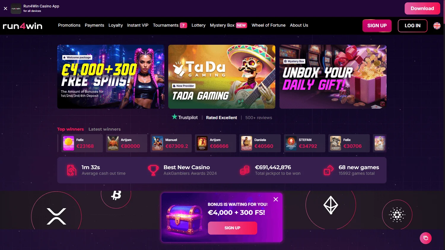 Run4win Casino desktop homepage