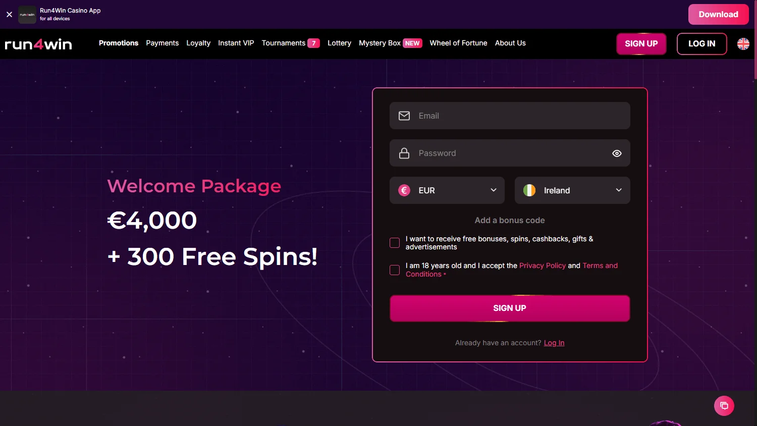 Run4win Casino desktop promotions area