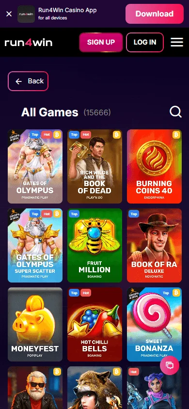 Run4win Casino mobile games area