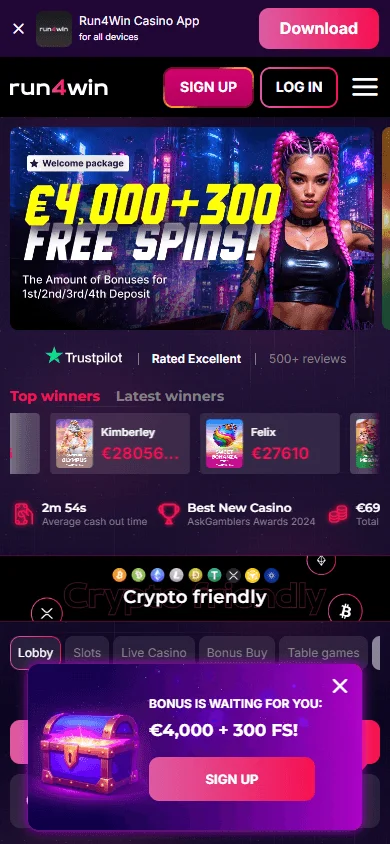 Run4win Casino mobile homepage