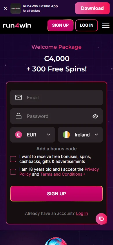 Run4win Casino mobile promotions area